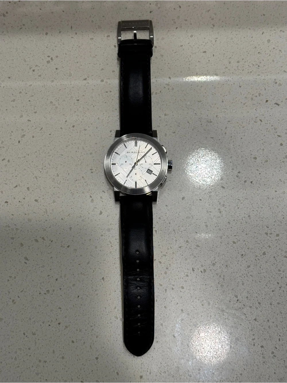 Burberry Silver & Black Men's Leather Strap Watch